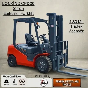 Lonking Forklift - 3 Ton Elektrikli - 4.80 Triplex Asansör