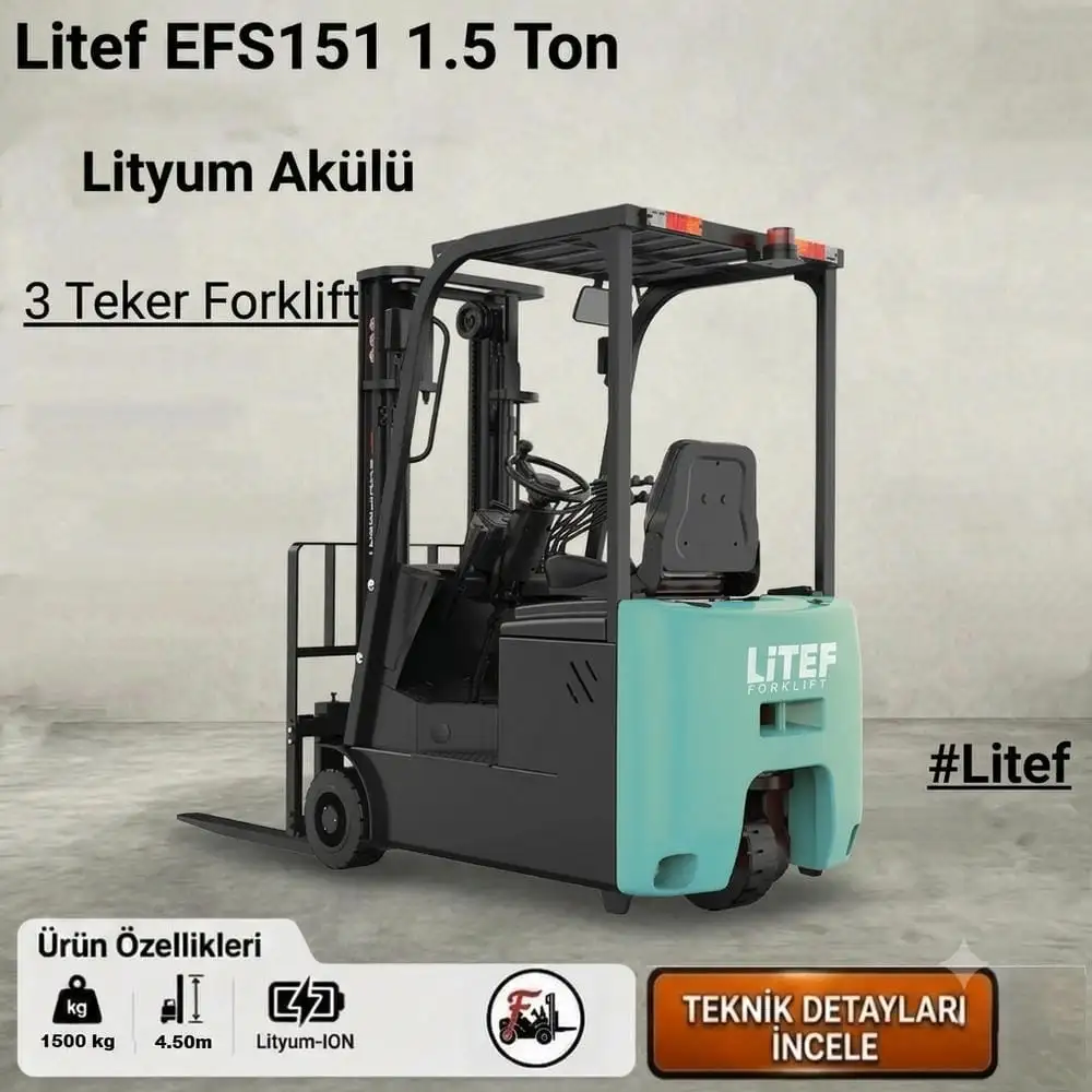 LİTEF 1,5 ton elektrikli forklift Türkiye distribütöründen leasingli, Kiralık Forklift ve Kiralık Lityum Forklift seçenekleriyle.